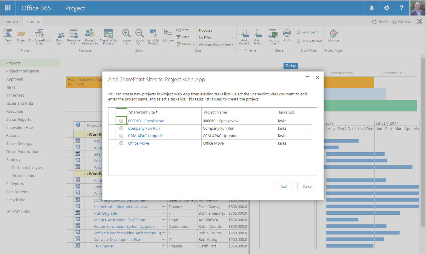 PWA – Project Center | add SharePoint sites
